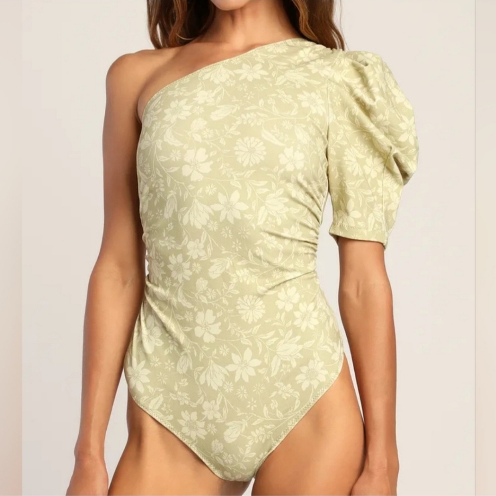 Intimitaly Free People One Shoulder Thong Bodysuit Green Brown Large Floral